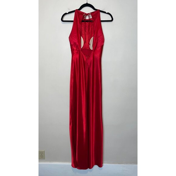 Vintage Morgan & Co. Red Satin Halterneck Gown With Glitter Appliqué Open Back S - Picture 4 of 7